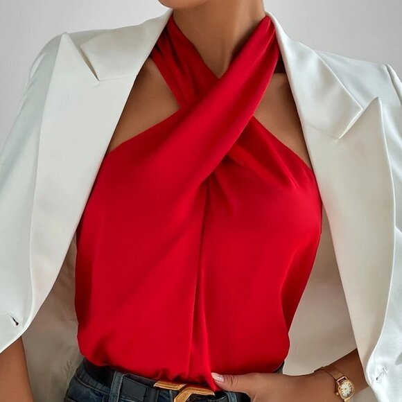 Red Womens Solid Cross Front Backless Halter Top - Picture 5 of 6